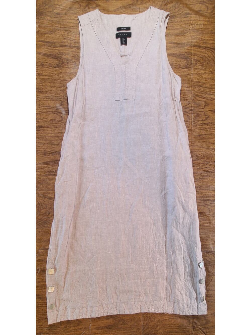 Tahari Beige Sleeveless Linen Sheath Dress Women's Size Large Shell Beach